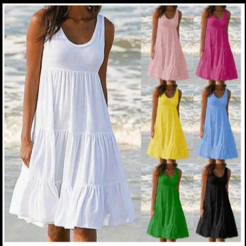 Women's Beach Dress: Sleeveless, Round Neck, Patchwork, Wide Hem, 7 Colors, 8 Sizes