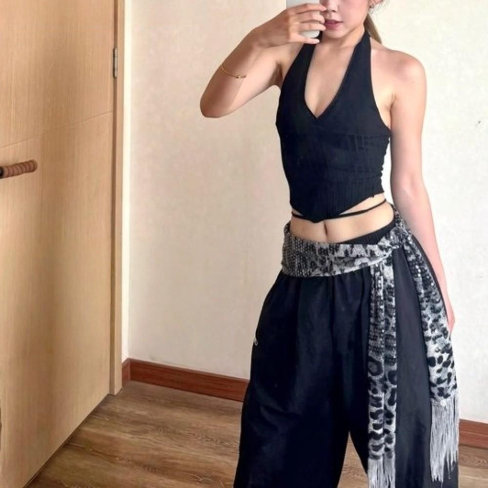 Hip-hop Tassels Leopard Print Belt Sequin Cargo Pants Waist Band Jazz Dance Hip Scarf  Streetwear