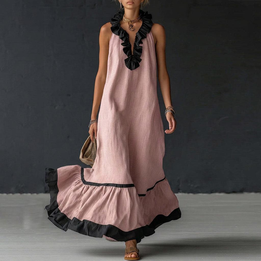 Women's Fashionable Color Round Neck 3/4 Sleeved Cotton Linen Casual Vacation Loose Long Dress
