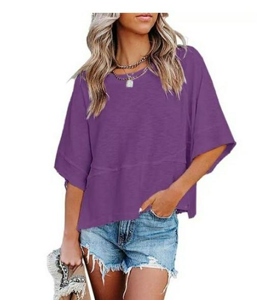 Camiseta Feminina Solta Colorida Sólida com Mangas Sino Tendência 2025