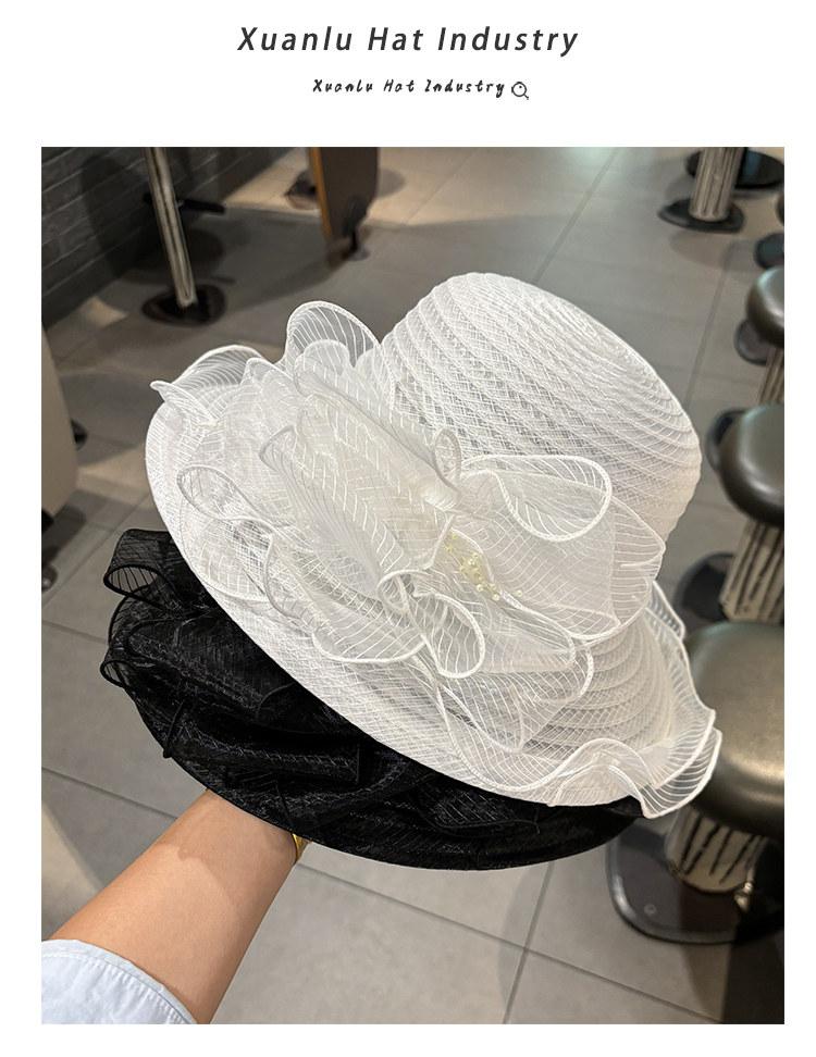 Elegant Pearl Flower White Fisherman Hat Women's Summer Large Brim Sun Protection Fashionable Organza Sunshade Hat