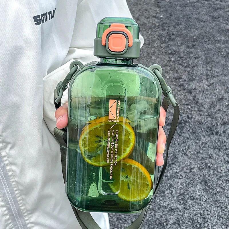 1Pcs Flat Square Transparent Water Bottle Portable Travel Canteen With Adjustable Strap Elegant Slim Bottle For Sport Camping