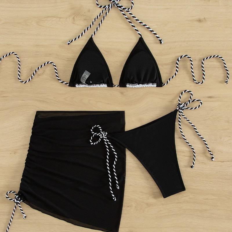 Contrasting Color Split Swimsuit Strap-up Bikini Sexy Three-piece Swimsuit