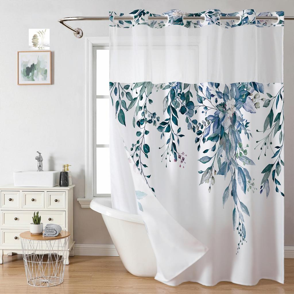 1PC No Hook Double Layer Shower Curtain Waterproof Removable Lined Leaves Plants Modern Bathroom Decorative Shower Curtains