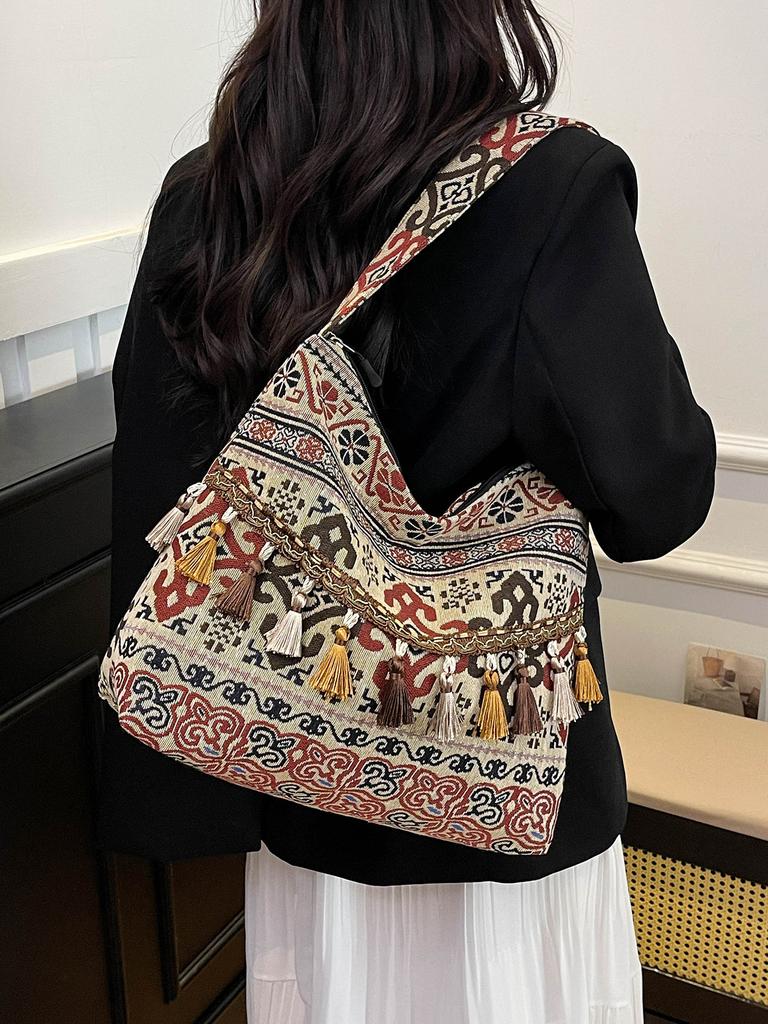 New shoulder bag ethnic style bag women's 2025 new bohemian style tassel large capacity tote bag women's bag