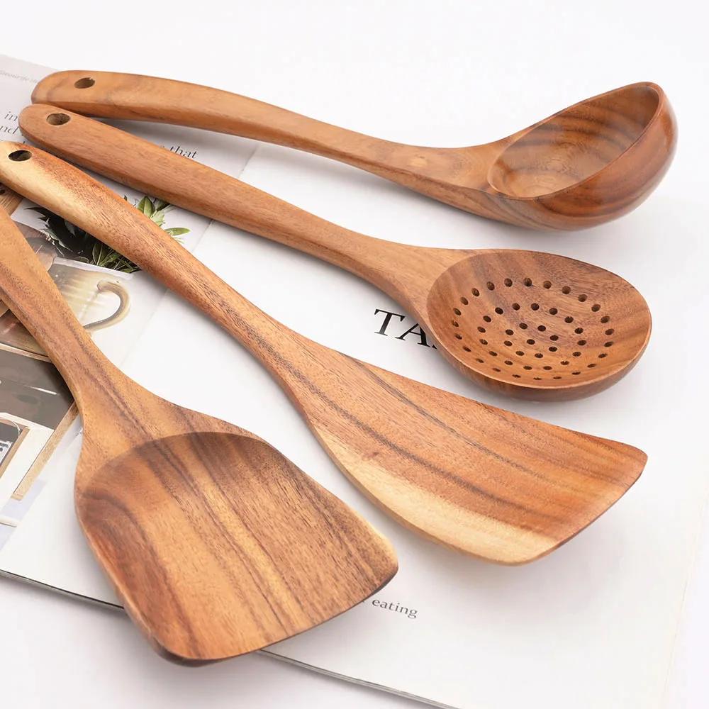 7Pcs Wooden Cooking Utensils Set Non-Stick Wood Spatula Colander Soup Spoon Frying Shovel Kitchenware Cookware Tools