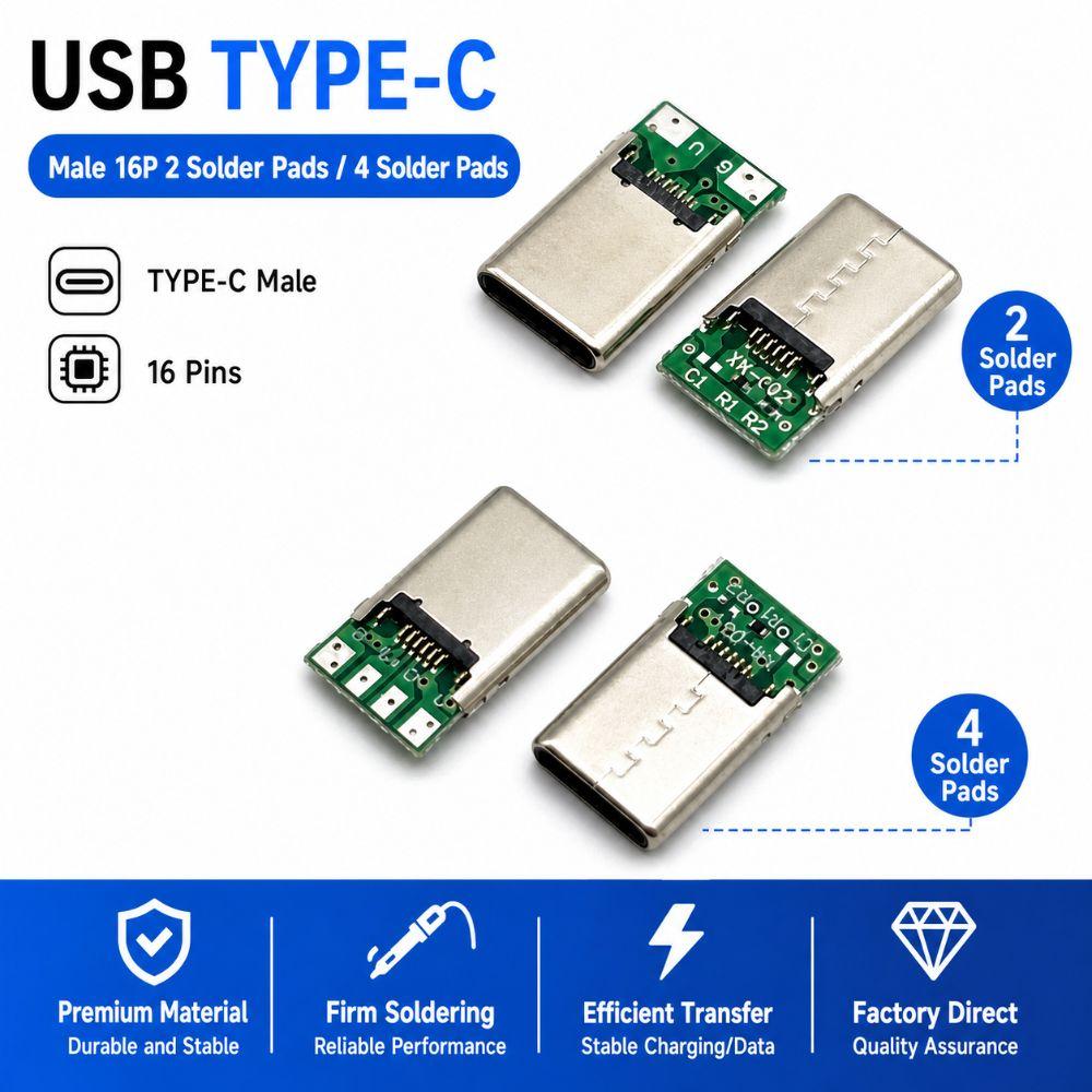 2Pin 4Pin USB Male Plug SB 3.1 Electric Terminal Jack Tail Type C Connector