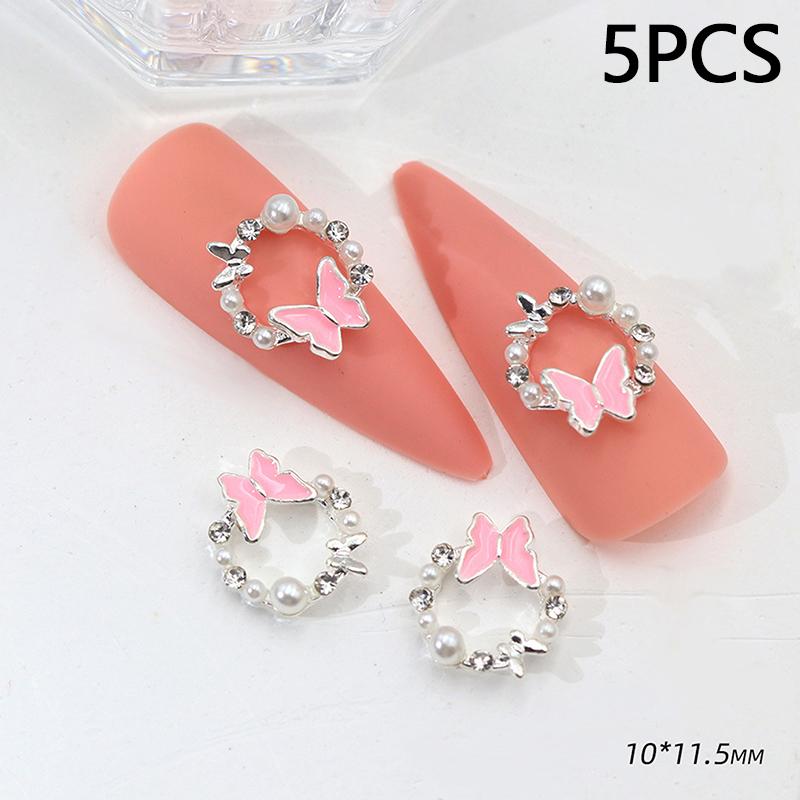5Pcs Butterfly Pearl Nail Oil Drop Alloy Jewelry Love Flower Wreath Nail Decoration Nail Salon Diy Accessories Manicure Drill