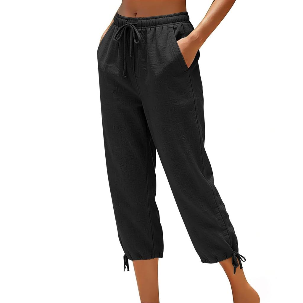 Women Drawstring Waist Cropped Pants with Adjustable Hem and Side Pockets Loose Fit Lightweight Casual Trousers