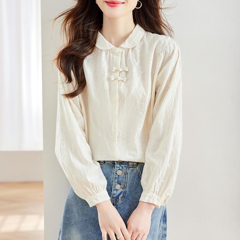 Women's Apricot Embroidered Long-Sleeve Cotton Shirt