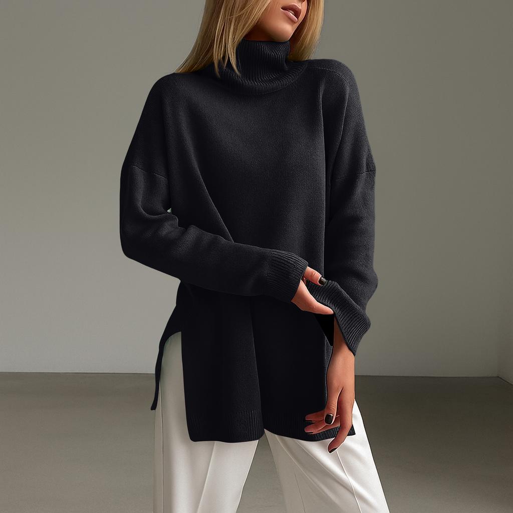 Women's Fashion Casual Solid High Collar Hem Split Long Sleeve Sweater Top