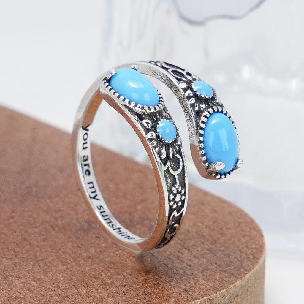 Retro Turquoise Daisy Floral Pattern Openable Ring for Women in Thai Silver