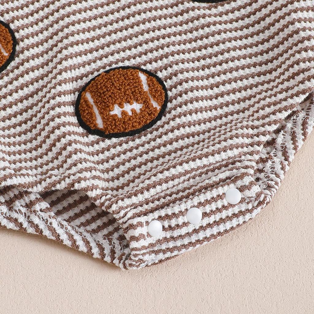 Unisex Baby & Toddler Waffle Stripe Long Sleeve Round Neck Romper with Embroidery