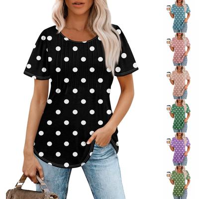 Women's Fashionable Casual Pleated Round Neck Printed Short Sleeved T-shirt Top