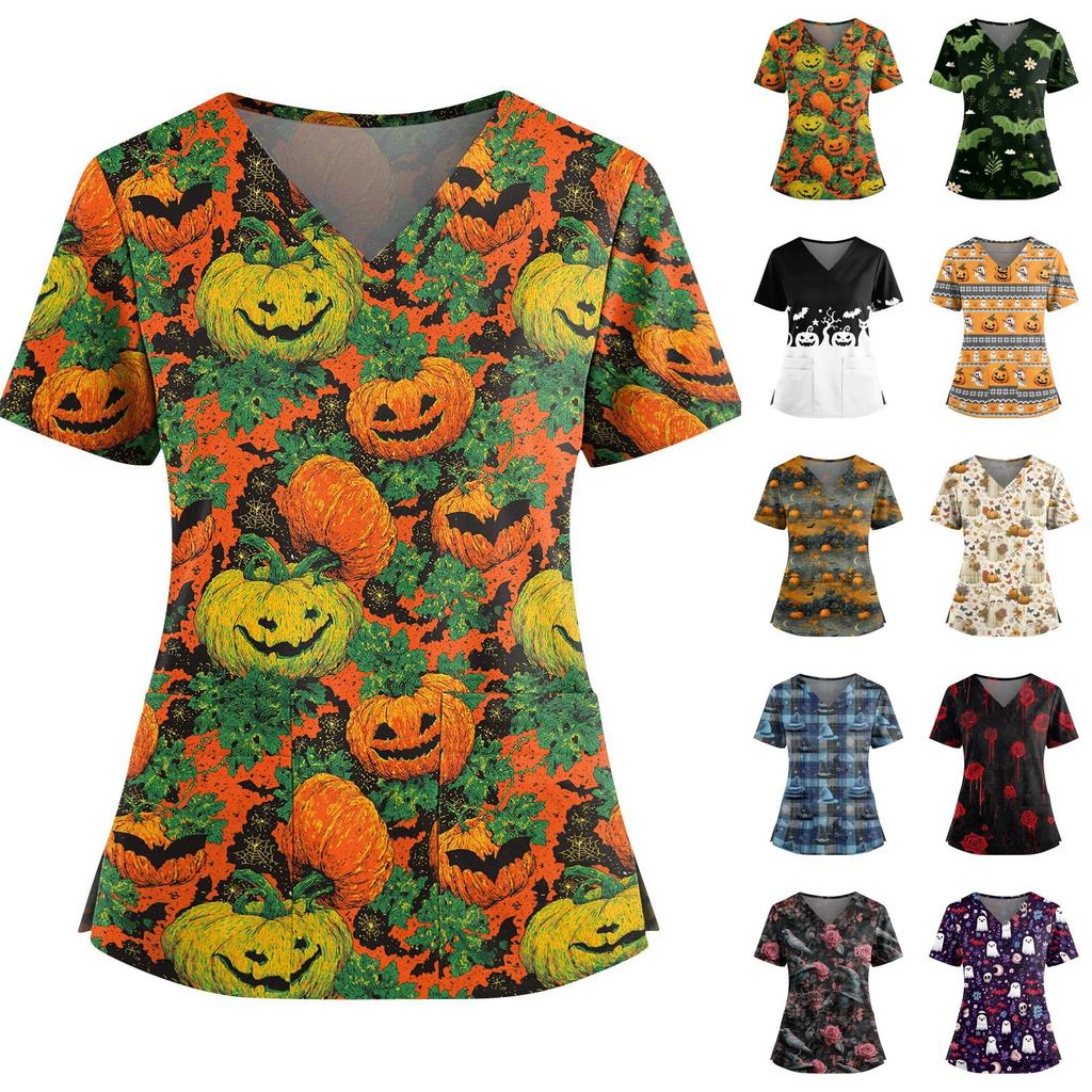 Women V Neck Halloween Print Short Sleeve Nurse Scrub Top with Double Pockets and Side Slit Hem Medical Uniform Shirt for Caregivers