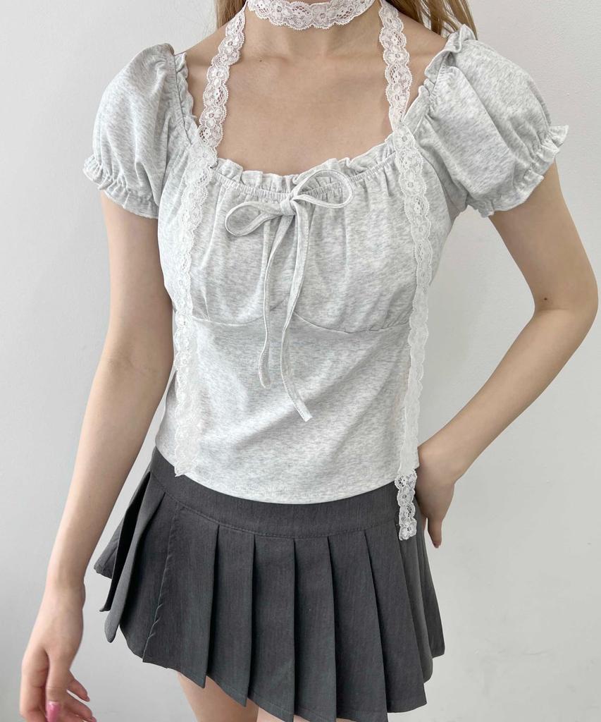 WEGO PHILLY Short Sleeve Mini Puff Sleeves with Summer Size Gray T-Shirt, Ribbon, Women's Top, F,