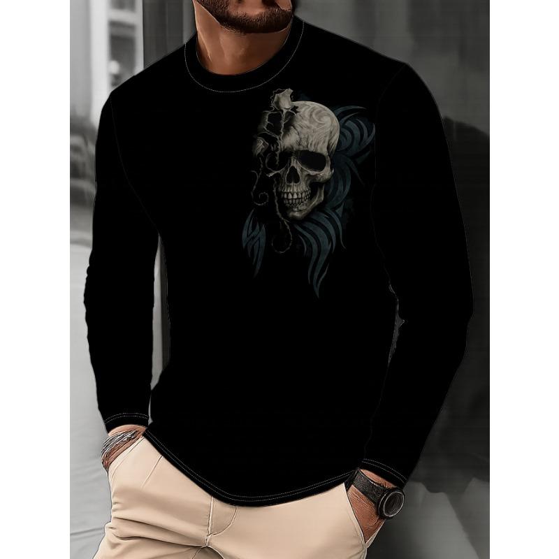 Herren Crew-Neck Langarm Totenkopf-Print Sweatshirt Mode Dunkles Lässiges Oberteil Trendige Streetwear Pullover