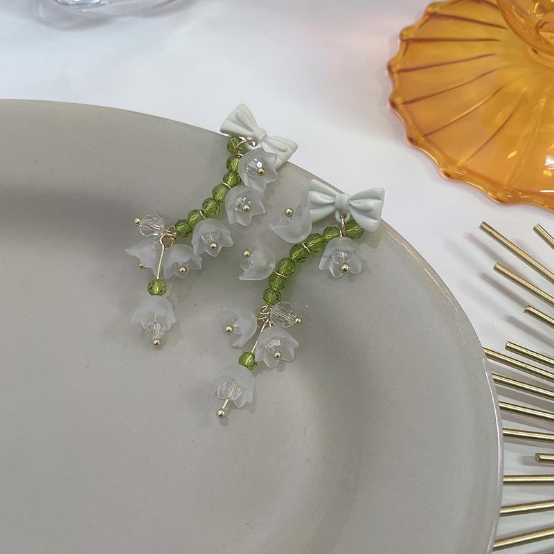 

S925 Silver Lily of the Valley Long Tassel Earrings with Bowknot Beading, Mori Style