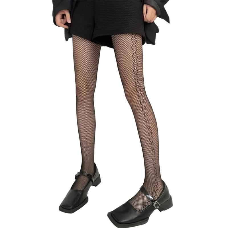 

Women Sexy Hollow-Out Fishnet Black Pantyhose Gothic Punk Side Striped Jacquard Patterned Bottoming Leggings Mesh Tights 1 чорний