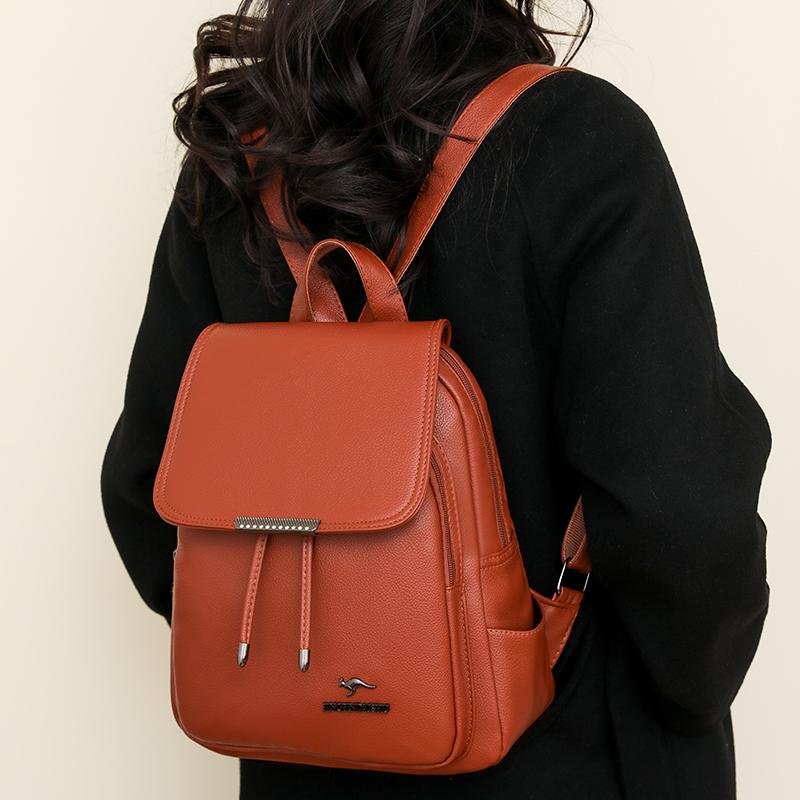Women's Solid Color Schoolbag Large Capacity Soft Leather Backpack Female Travel Bag