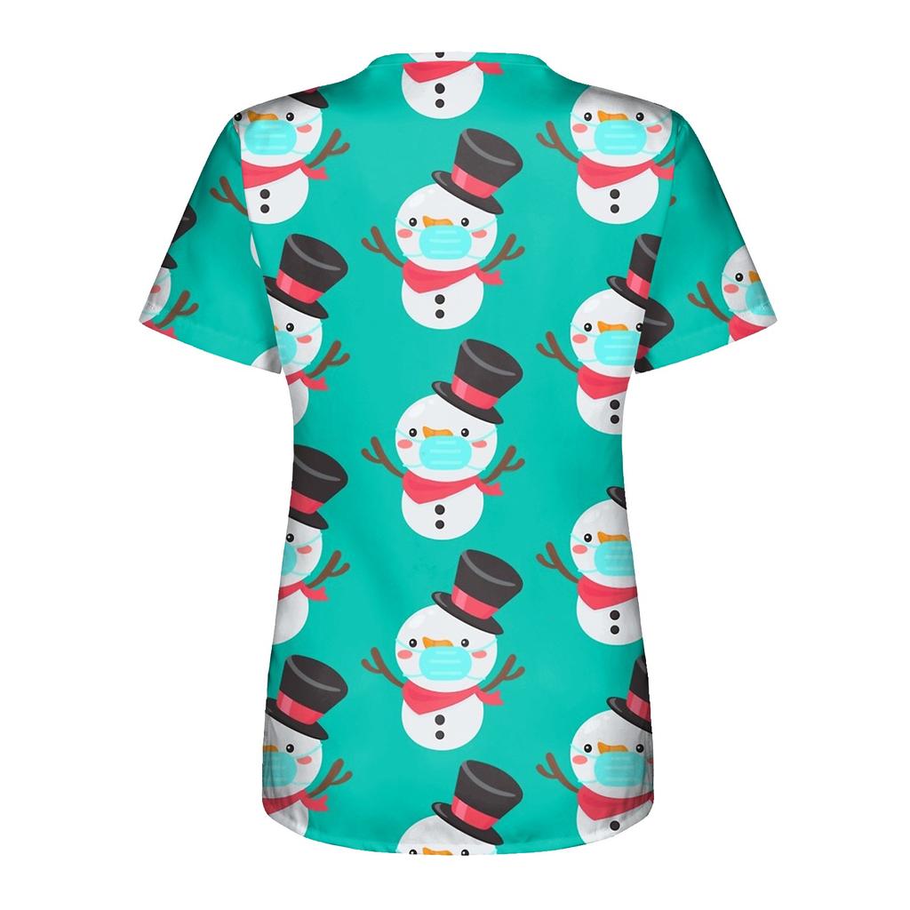 Women's Christmas  Dress Printed Short Sleeve V-Neck Top  Workwear Casual Pocket Top