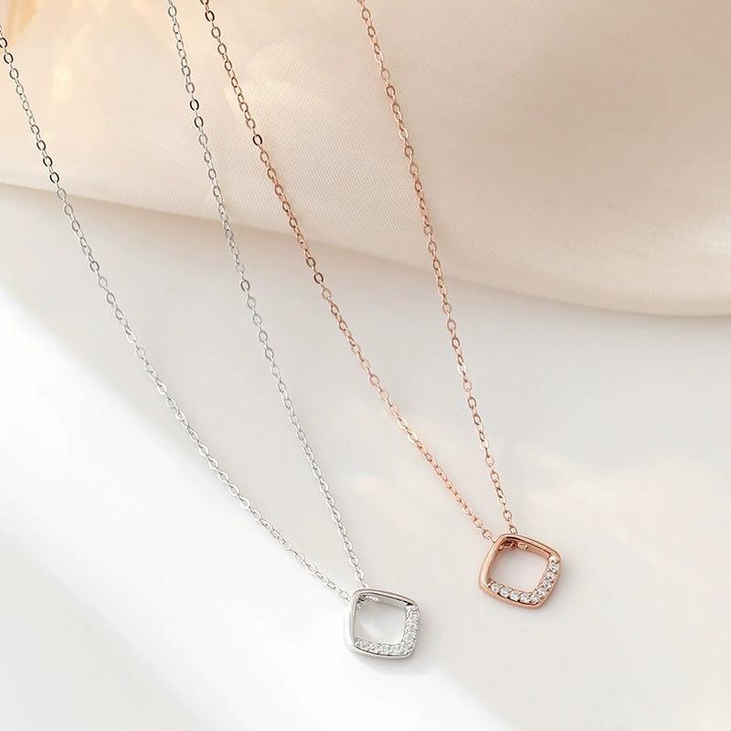 S999 Pure Silver Necklace Women's Geometric Square Necklace Ins Simple Sweet Design Niche Temperament Female Clavicle Chain