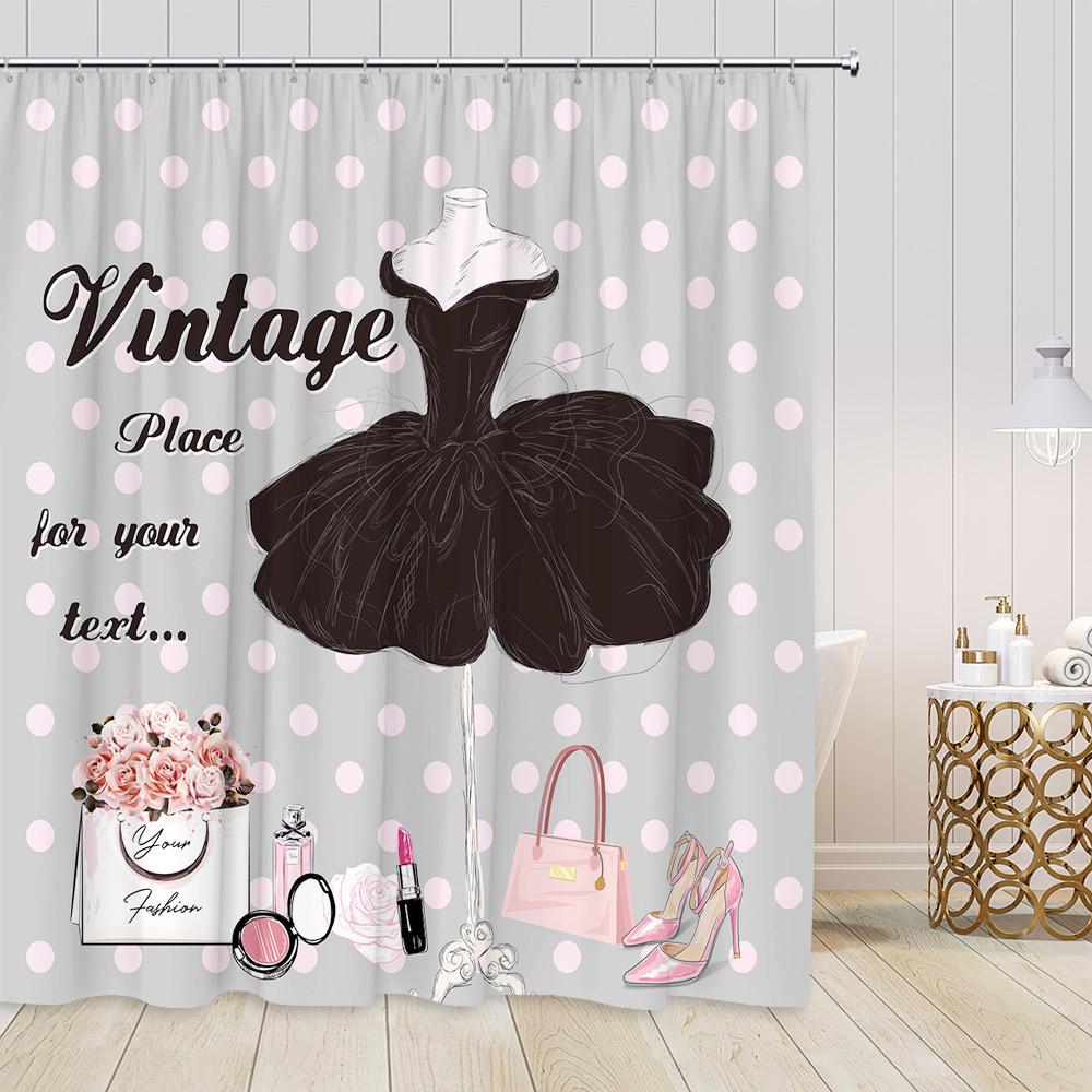 Pink Perfume Fashion Shower Curtains Cosmetics High-heels Dress Floral Bathroom Decorations Girl Vintage Bath Curtain with Hooks