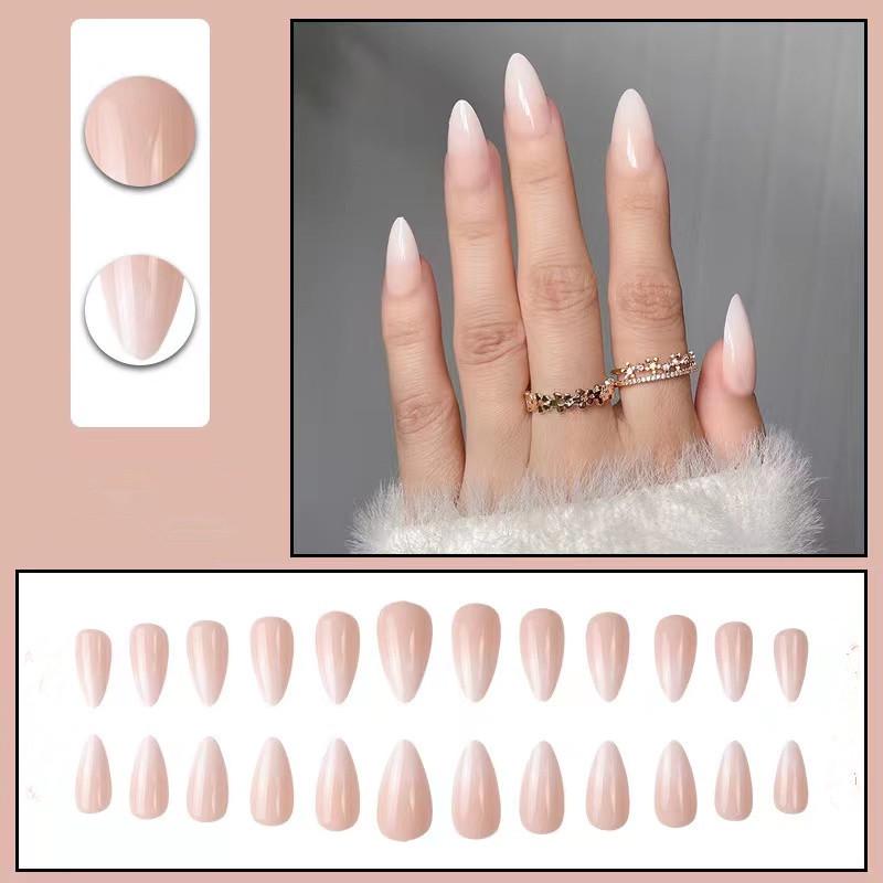 

24 Almond Gradient Press-On Nails - European Style French Art with Simple, Pointed Design W116 Milky Coffee White Tip [Glue Version]