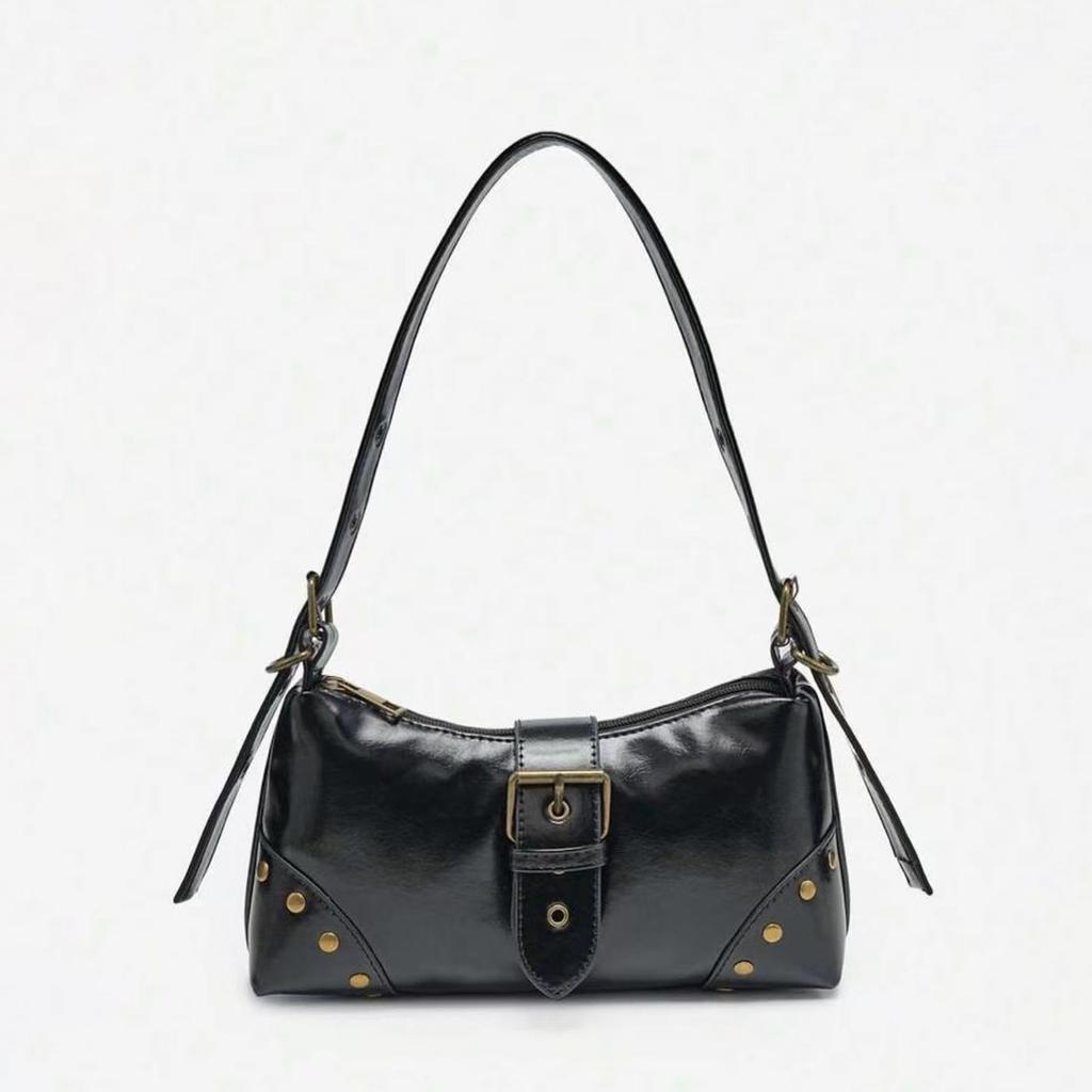Vintage Distressed Melard Tone Studded Y2K Underarm Shoulder Bag for Women, Fashion Top Handle Handbag, Retro Punk Purse