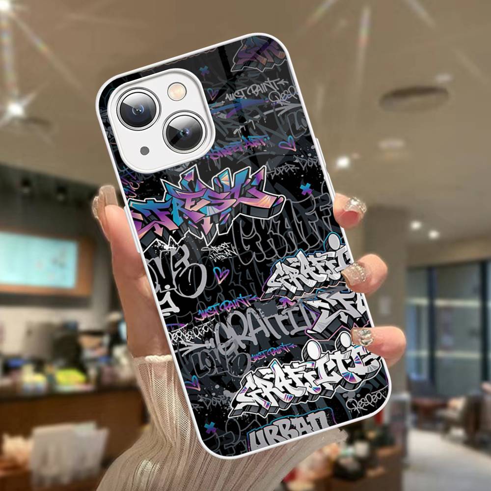 Cool Black Graffiti For iPhone 14 13 12 Mini 11 Pro XS Max X XR 14 Plus Tempered Glass Cover