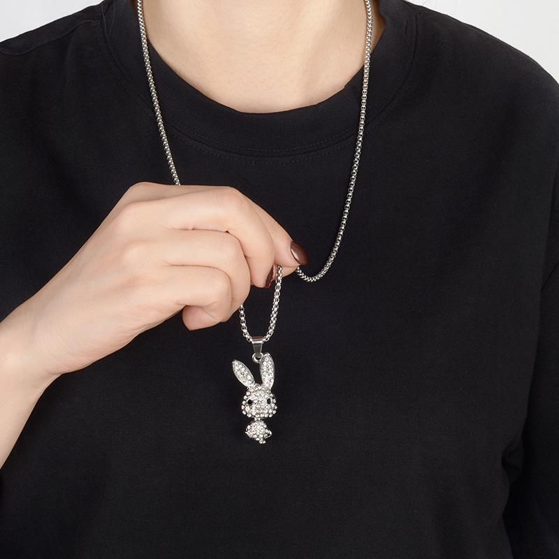 Niche Diamond Rabbit Titanium Steel Necklace - Hip Hop Celebrity Style, Personalized Simple Sweater Hoodie Chain Jewelry