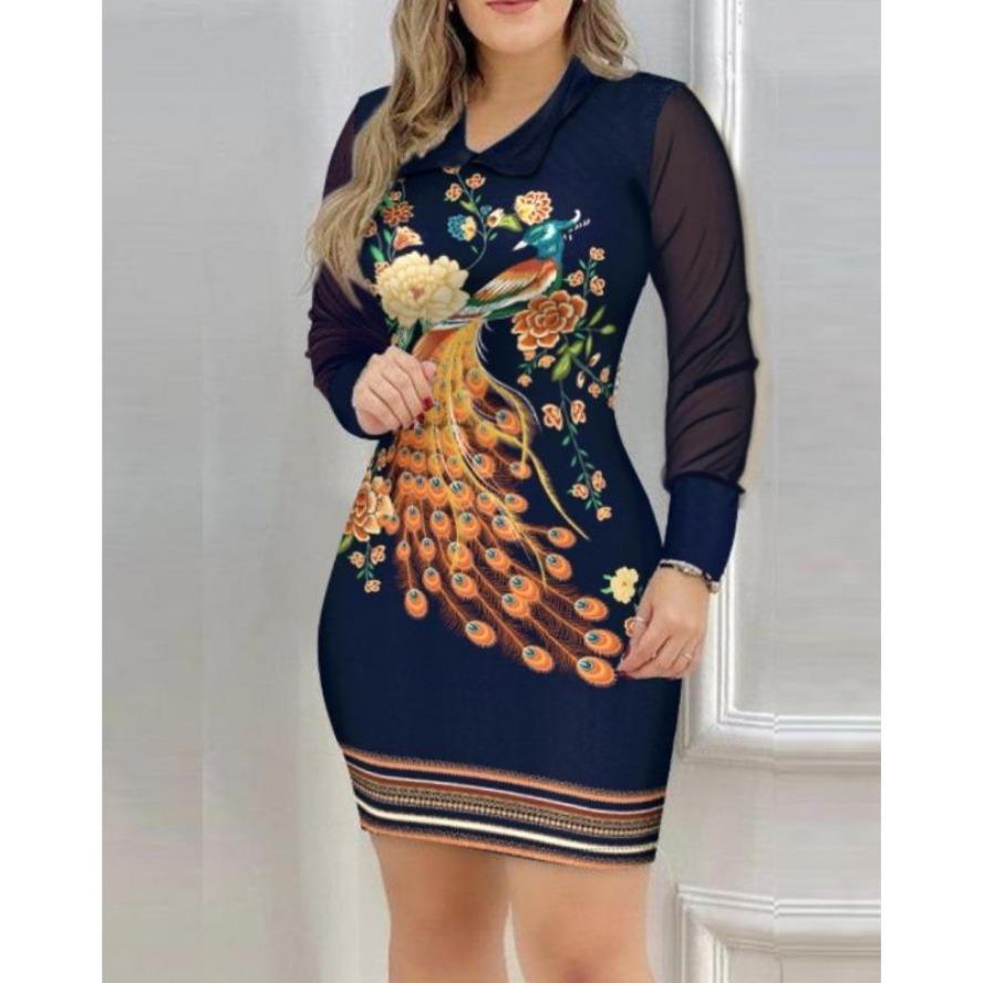 

YYFS Женская мода весна осень цветочный узор принт длинный рукав V-образный вырез высокая талия повседневные платья XXL