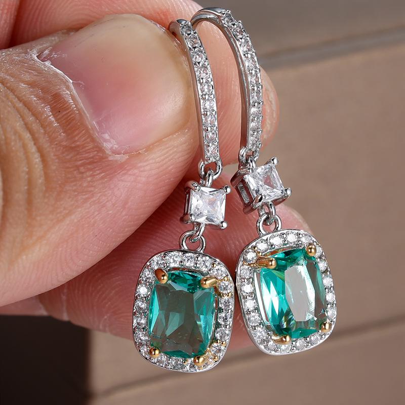 Shiny Green Zircon Drop Earrings for Women Silver Color Party Accessories Elegant Jewelry Gifts