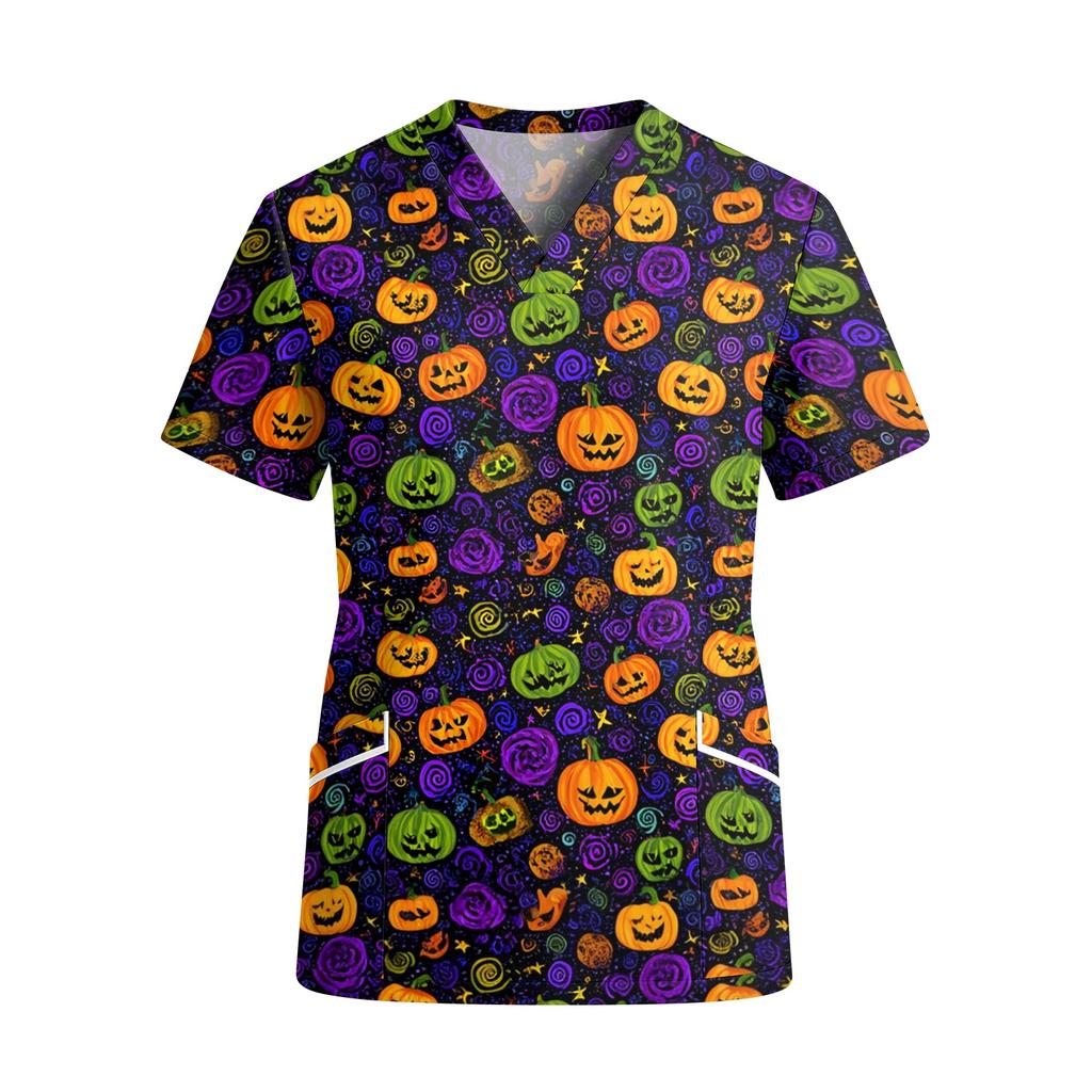 Women's Fashion V Neck Short Sleeve Work Shirt with Pockets Halloween Themed Print Top Suitable for Professional and Casual Wear