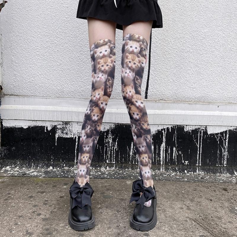Women's Lolitas Thigh Highs Stockings 3D Cartoon Anime Over the Knee Socks Tights Cats Printed Silk Stockings Hosiery