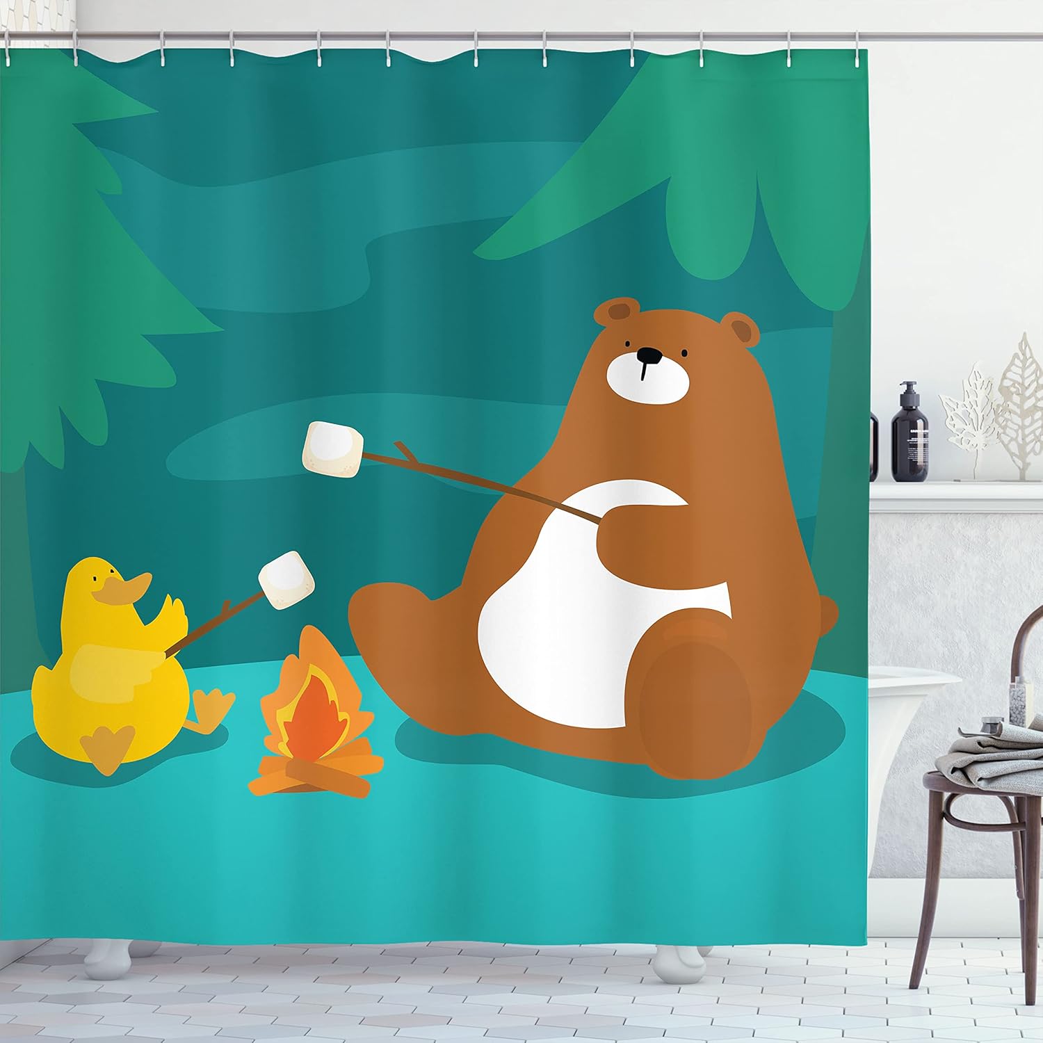 

Camping Bear Duck Shower Curtain Cartoon Forest Scene Kids Bathroom Decor Linen180X210 W60H190(CM)-1 Pcs