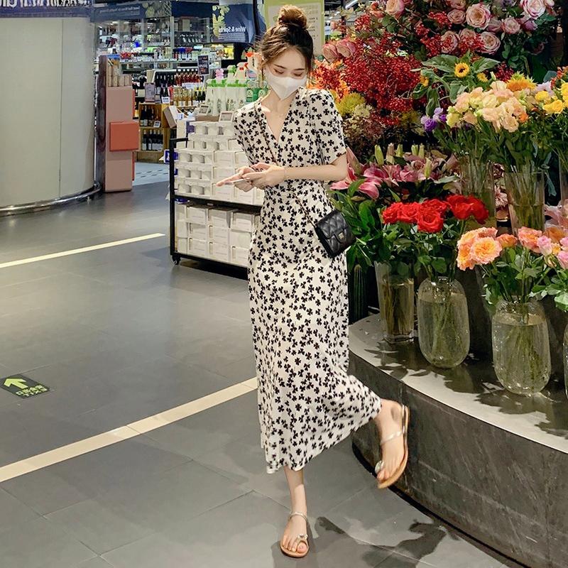 

Темпераментное длинное платье с завышенной талией, V-образным вырезом, шифоновое платье с цветочным принтом XL