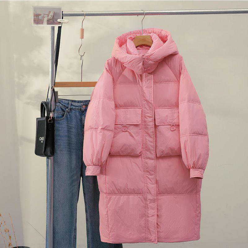 2024 Women's Mid-Length White Duck Down Hooded Winter Coat