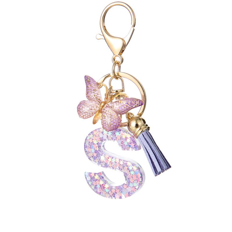 A-Z Alphabet Resin Keychain Purple Butterfly Tassel Pendant Classic Retro Durable Women Bag Accessory Practical Backpack Hanging Charm