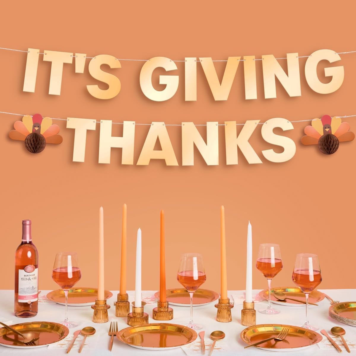 xo, Fetti It s Giving Thanks Fringe Banner - Gold Foil, 5 Ft. | 3D Turkey Garland, Thanksgiving Dinner Decoration, Holiday Party Sign, Fall