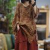 Damen Vintage Print Floral Hemden Oberteile V-Ausschnitt Langarm Blusen Herbst Chinesischer Stil Knopfhemd