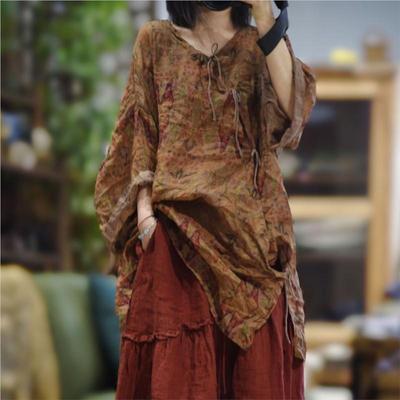 Women Vintage Print Floral Shirts Tops V-Neck Long Sleeve Blouses Autumn Chinese Style Button Shirt