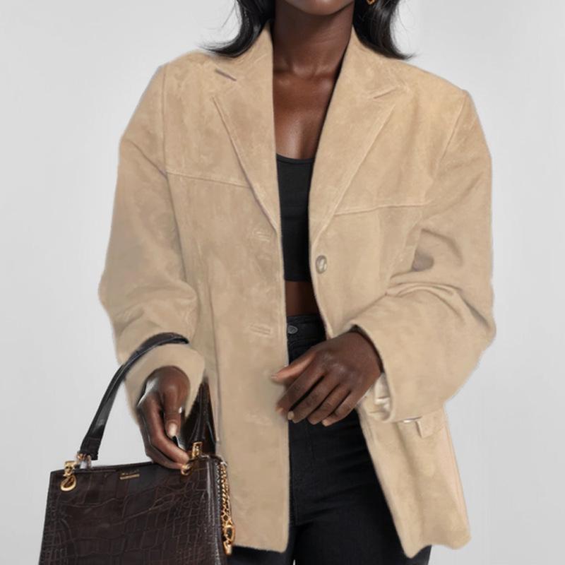 Vintage Brown Loose Fit Women's Long Sleeve Blazer with Pockets