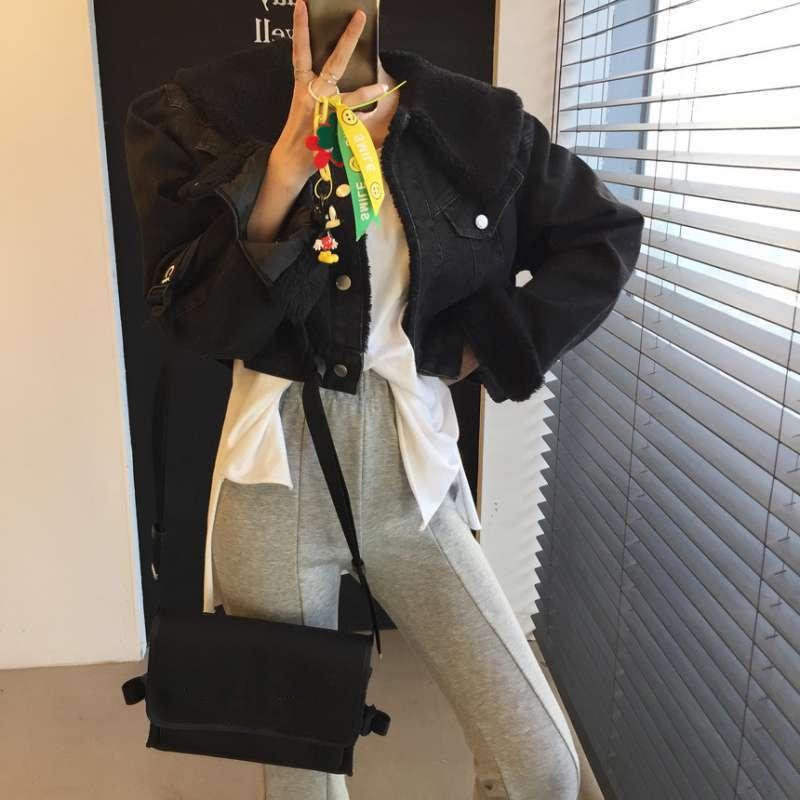 Lamb Fur Spliced Denim Jacket Women  Autumn Winter Vintage Turn Down Collar New Coats Casual Button Up Short Jacket