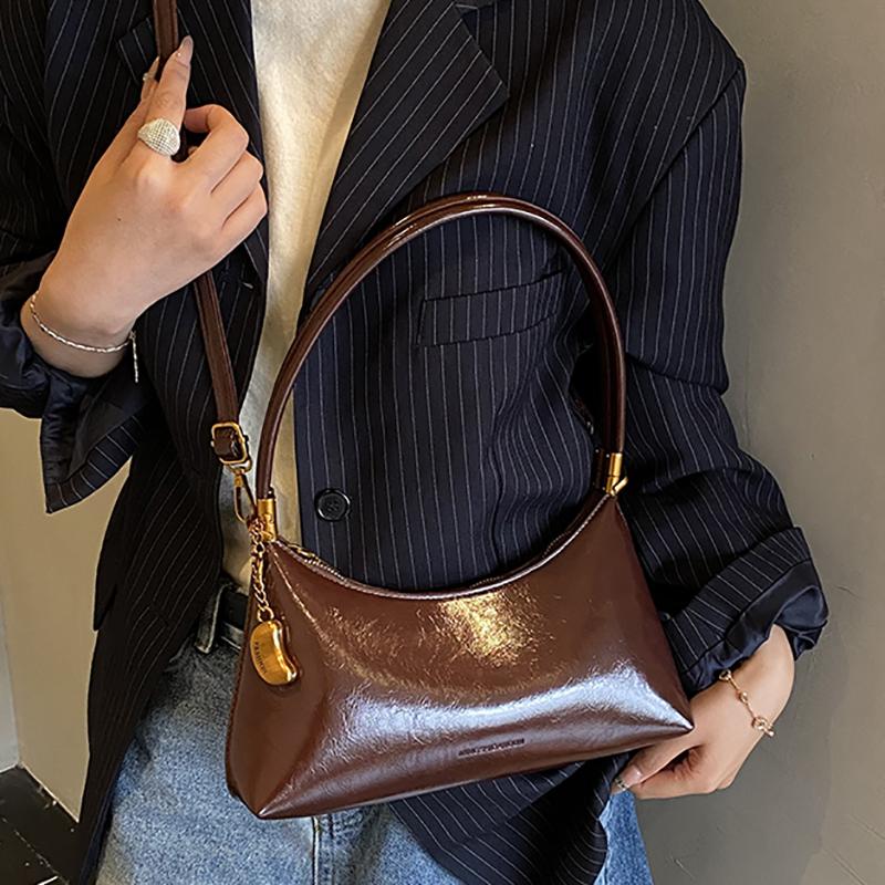 Retro Leather Shoulder Bag Women's Underarm Moon Tooth Crossbody Bag Handheld Bag Elegant Design Fashion Chain Pendant Handbag