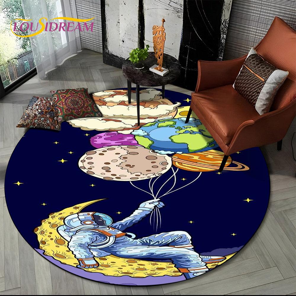 3D Astronaut Space Cartoon Round Area Rug,Carpet Rug for Living Room Children's Bedroom Sofa Playroom Decor,Non-slip Floor Mat