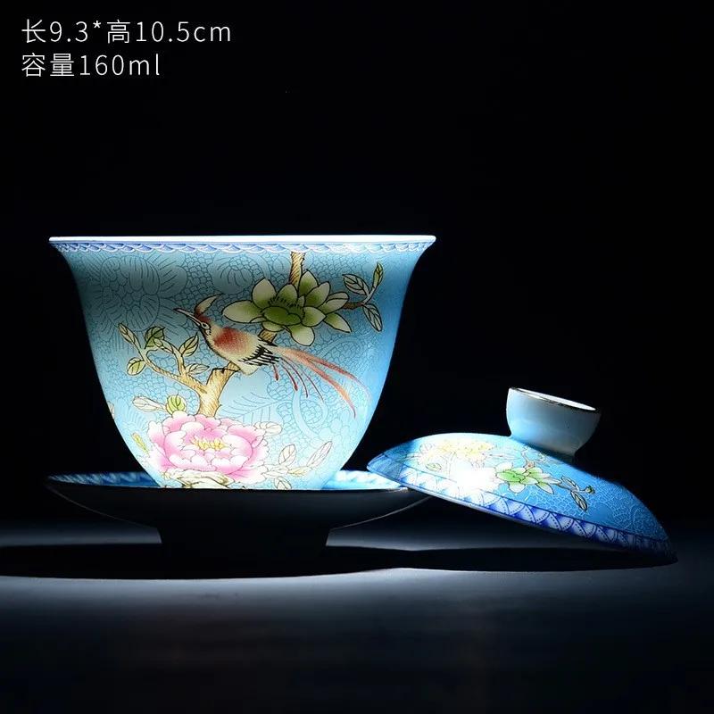 Chinese Kungfu Gaiwan Tea Tureen Intricately Designed Dragon and Phoenix Tea Cups with Elegant Ceramic Color Enamel Teaware