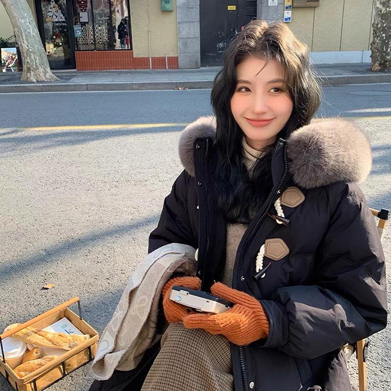 Fur collar down cotton clothes women's medium and long new knee horn buckle design sense fashion thickened winter coat