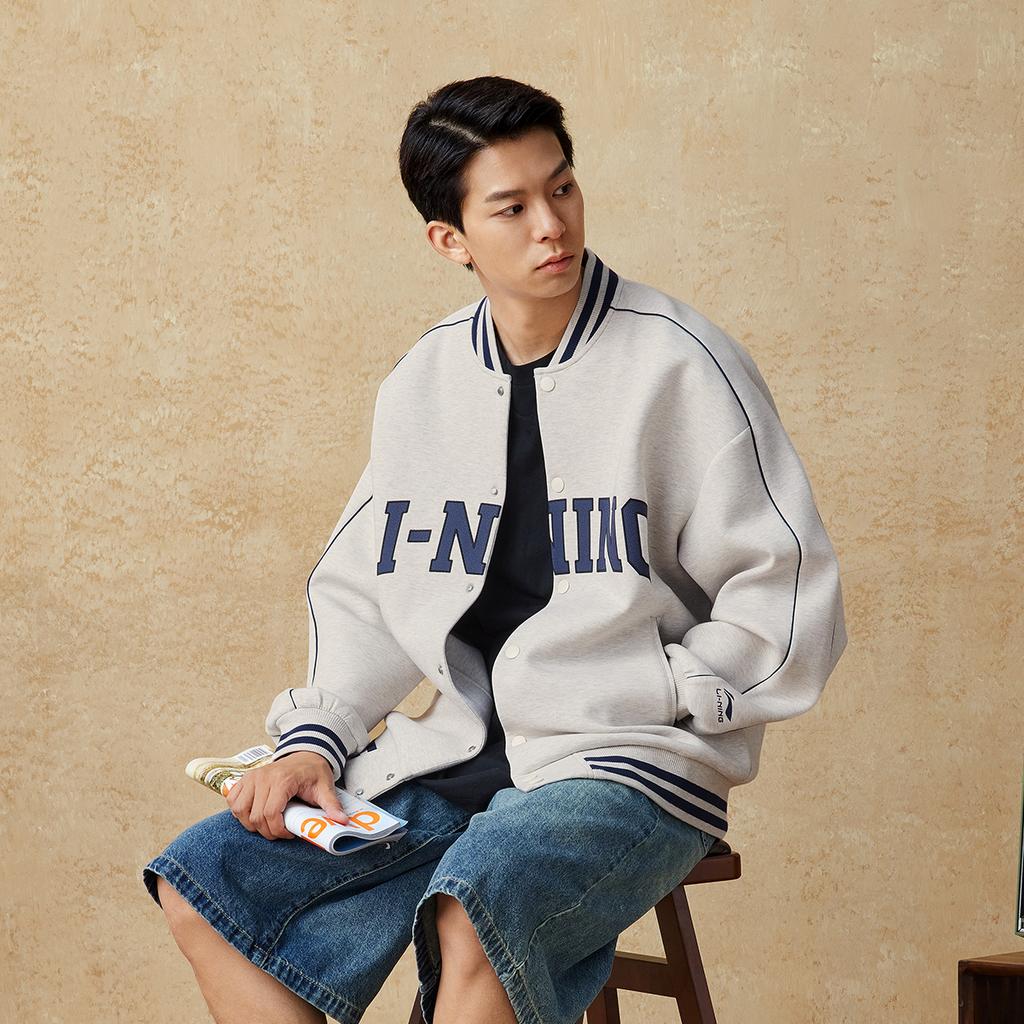 Li Ning Sports Lifestyle Series American Trend Retro Baseball Cardigan Button-Up Comfortable Casual Sweatshirt Unisex Sweatshirt AWDUF67-3