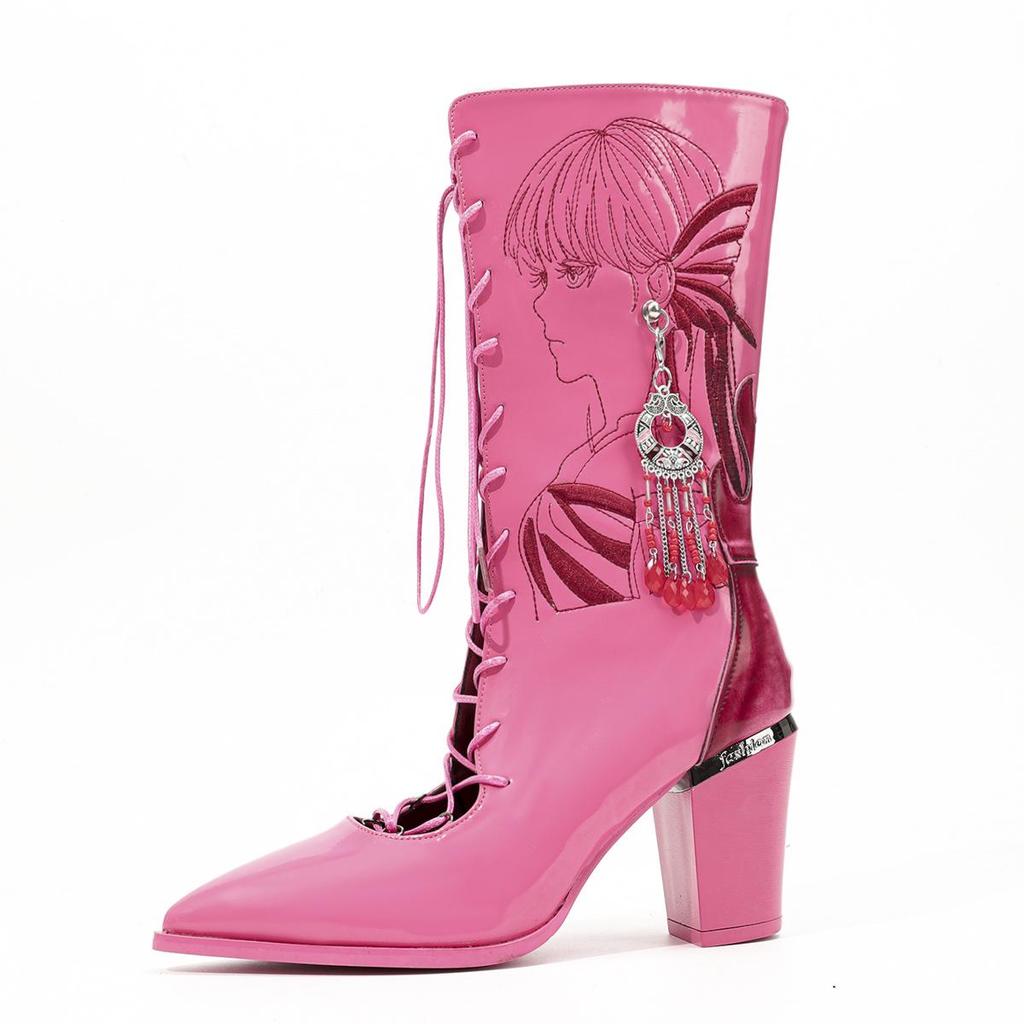 Damskie kozaki do połowy łydki na grubym obcasie - Haftowane, Wodoodporne, Retro wsuwane na lato i jesień